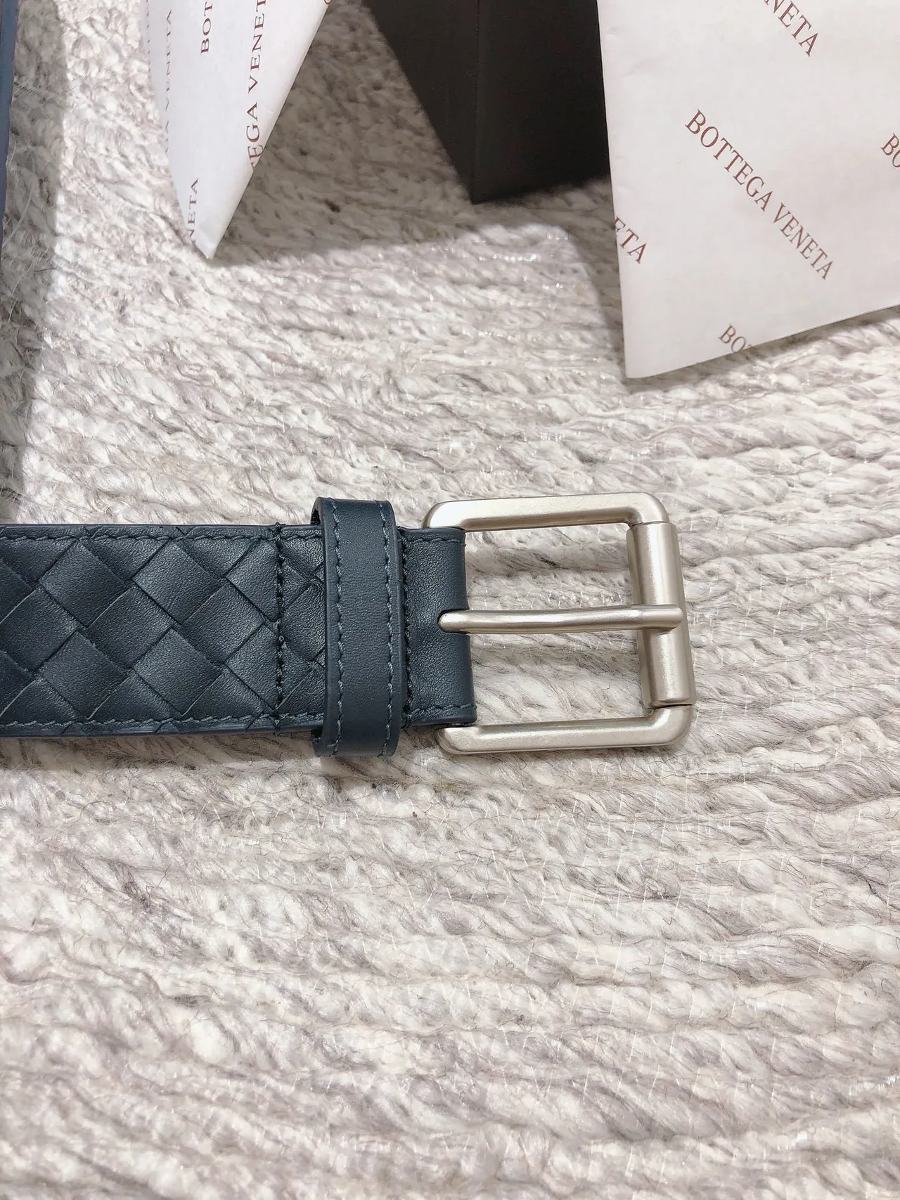Bottega Veneta Intrecciato Belt Navy Silver Woven Rectangular Buckle Leather Belt 4