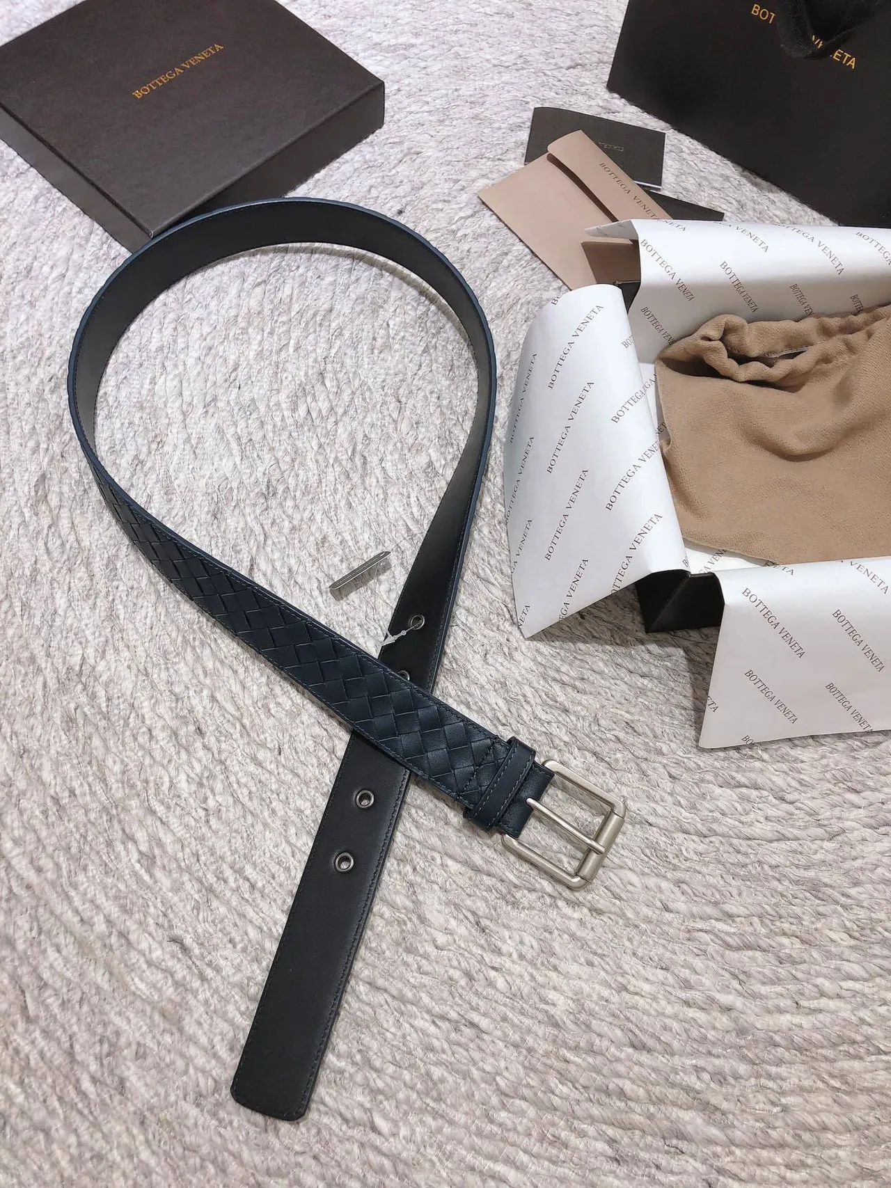 Bottega Veneta Intrecciato Belt Navy Silver Woven Rectangular Buckle Leather Belt 5