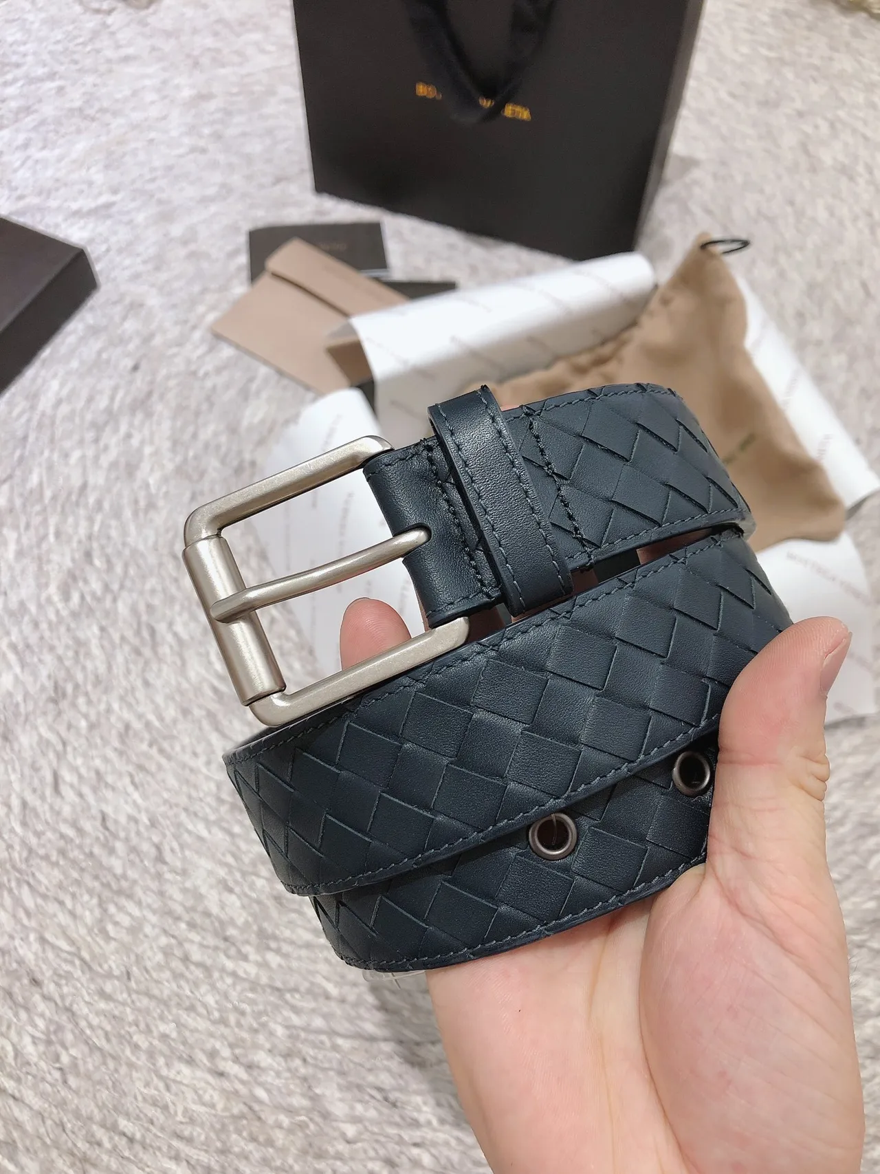 Bottega Veneta Intrecciato Belt Navy Silver Woven Rectangular Buckle Leather Belt 6