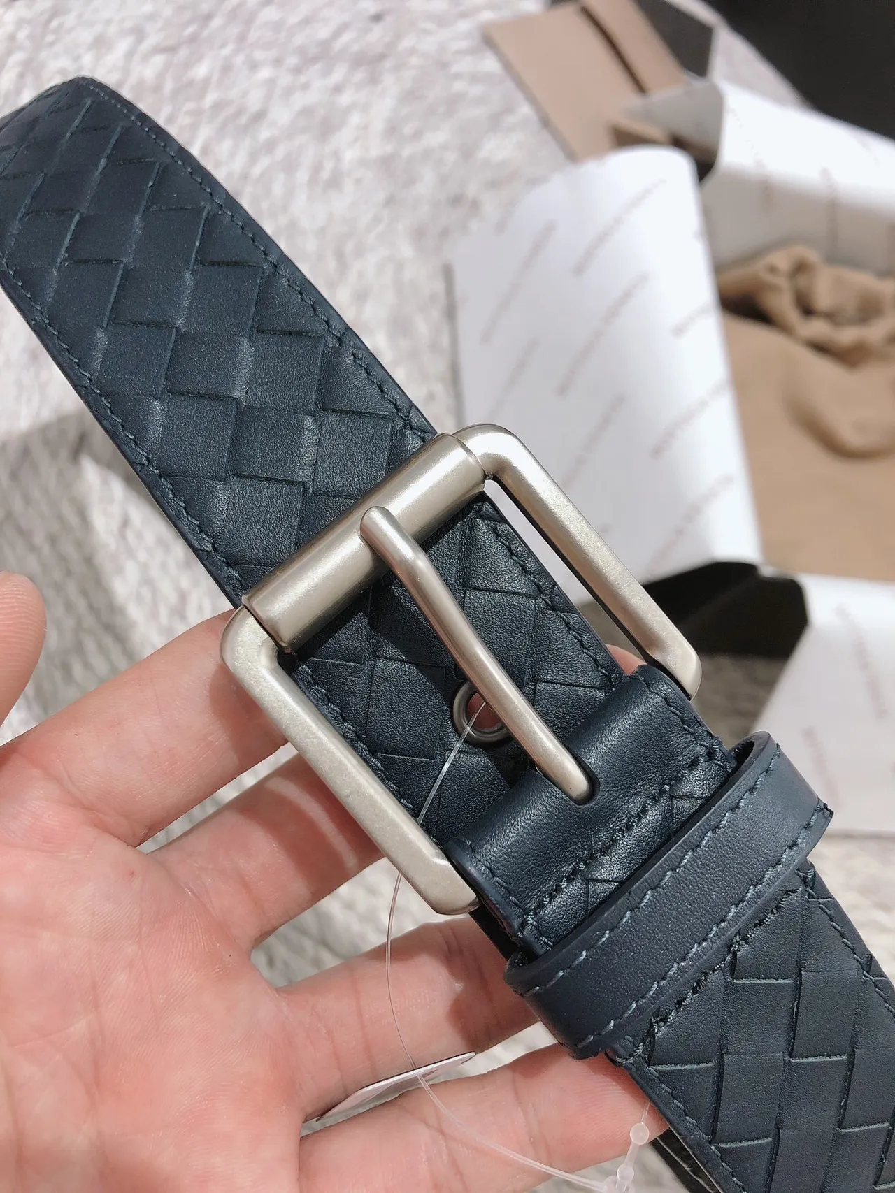 Bottega Veneta Intrecciato Belt Navy Silver Woven Rectangular Buckle Leather Belt 7