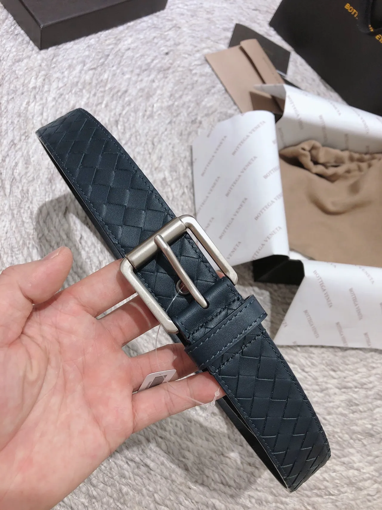 Bottega Veneta Intrecciato Belt Navy Silver Woven Rectangular Buckle Leather Belt 8