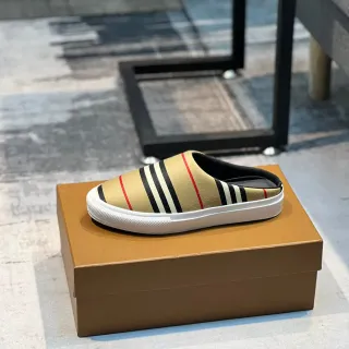 Burberry Beige Black Striped Canvas Upper Backless Mule Silhouette Casual Shoes