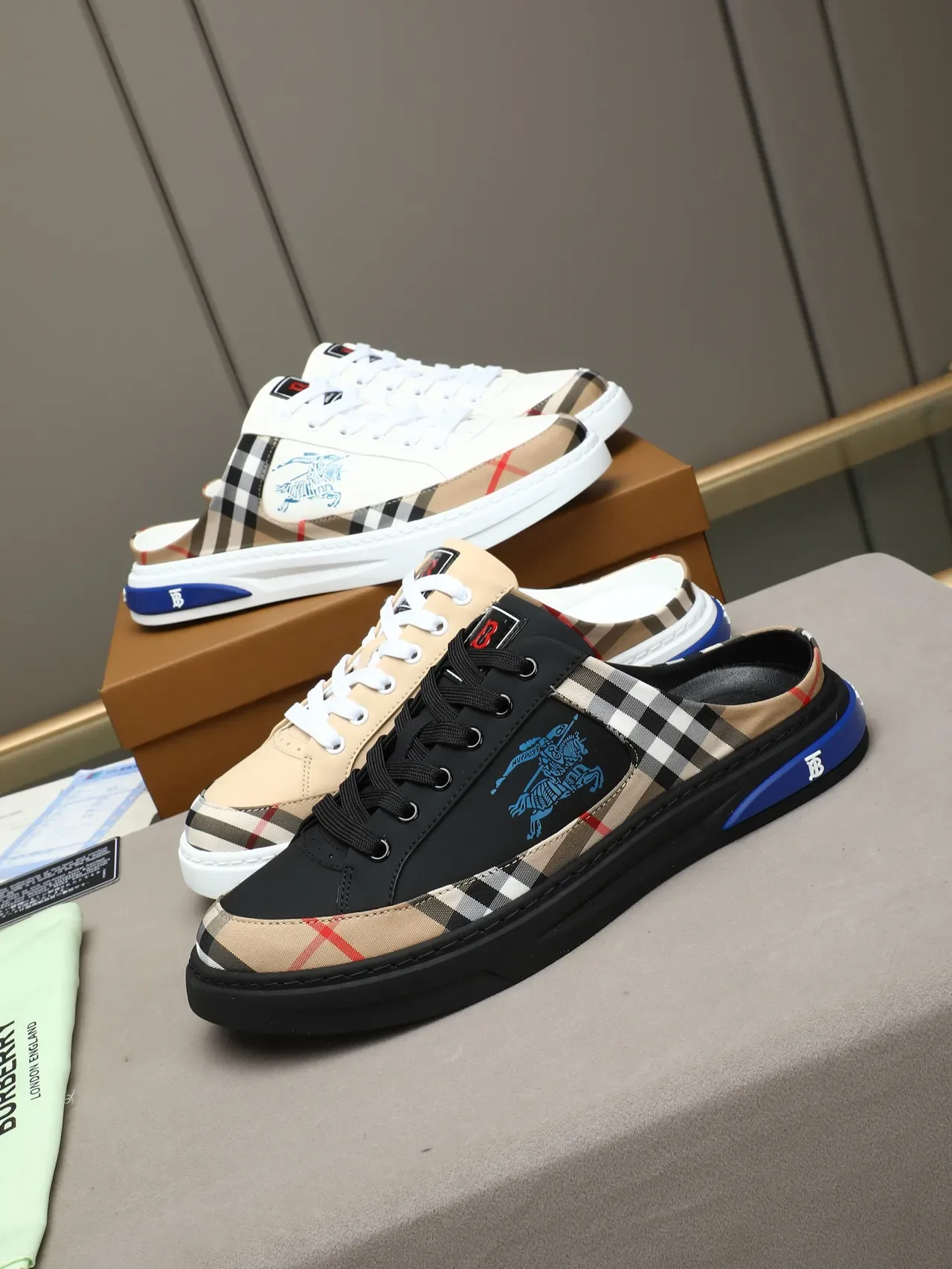 Burberry بيج أزرق نمط مربعات حذاء رياضي أسلوب مول هجين slip-on lifestyle 2