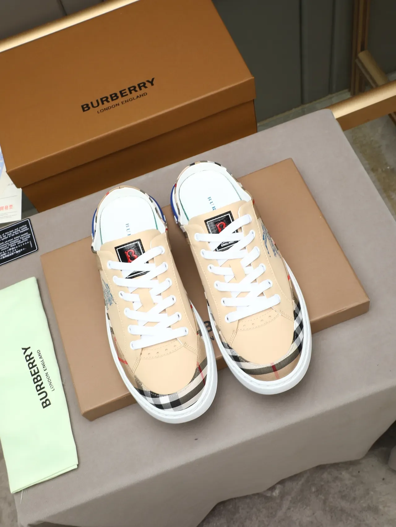 Burberry بيج أزرق نمط مربعات حذاء رياضي أسلوب مول هجين slip-on lifestyle 3