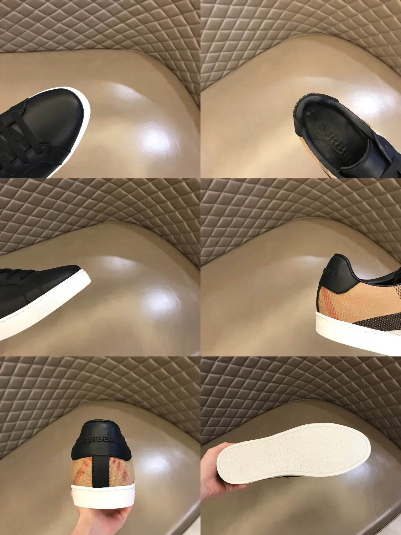Burberry কালো বেইজ চামড়া উপরের অংশ চেক সাইড প্যানেল লাইফস্টাইল স্নিকার 8