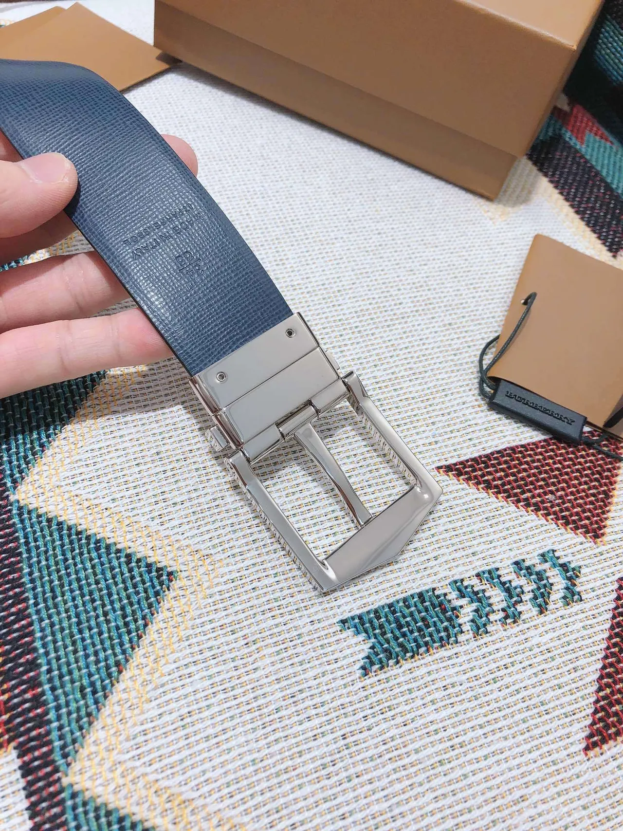 Burberry Black Silver Reversible Buckle Textured Leather Belt 2