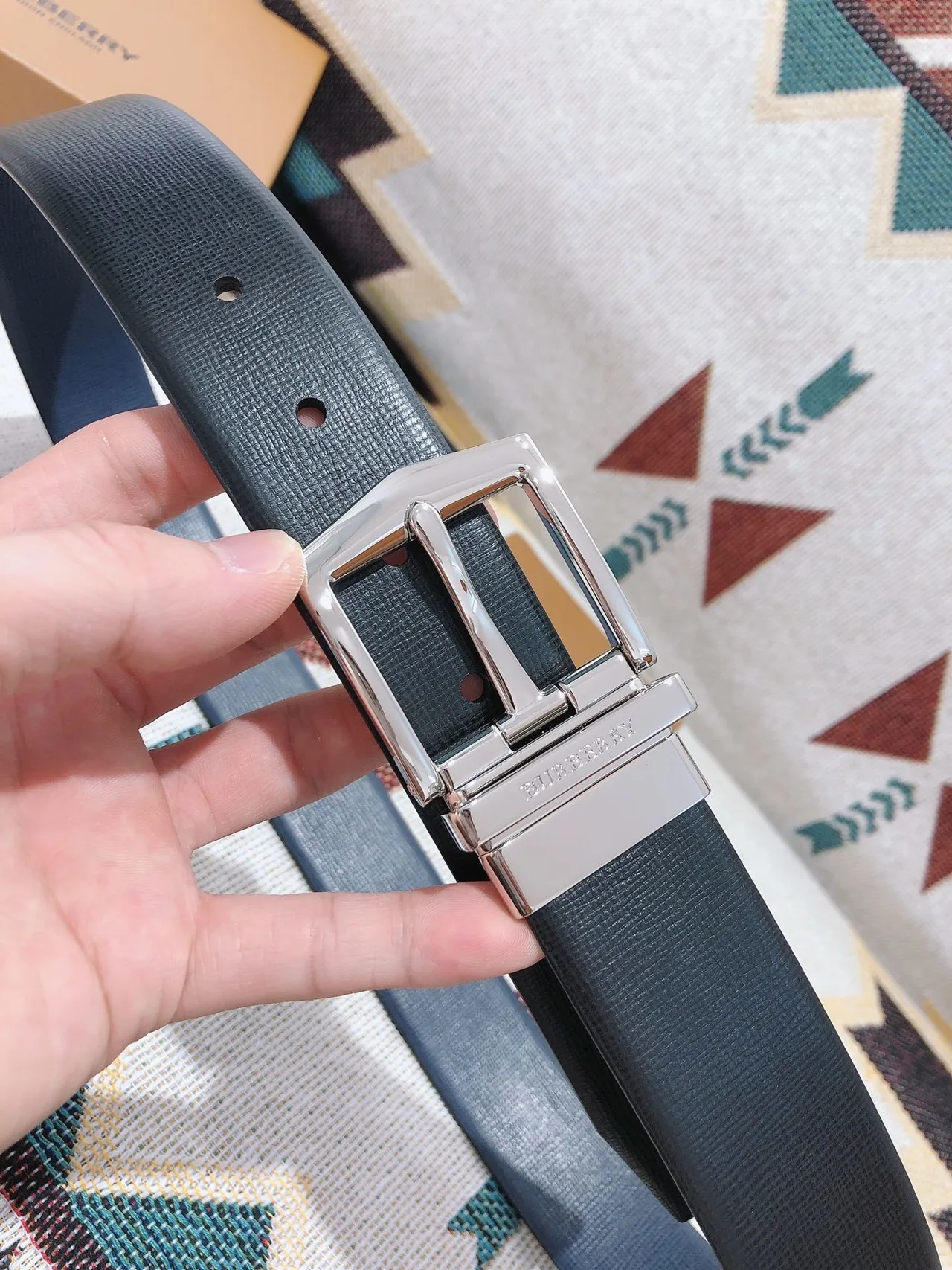 Burberry Black Silver Reversible Buckle Textured Leather Belt 4