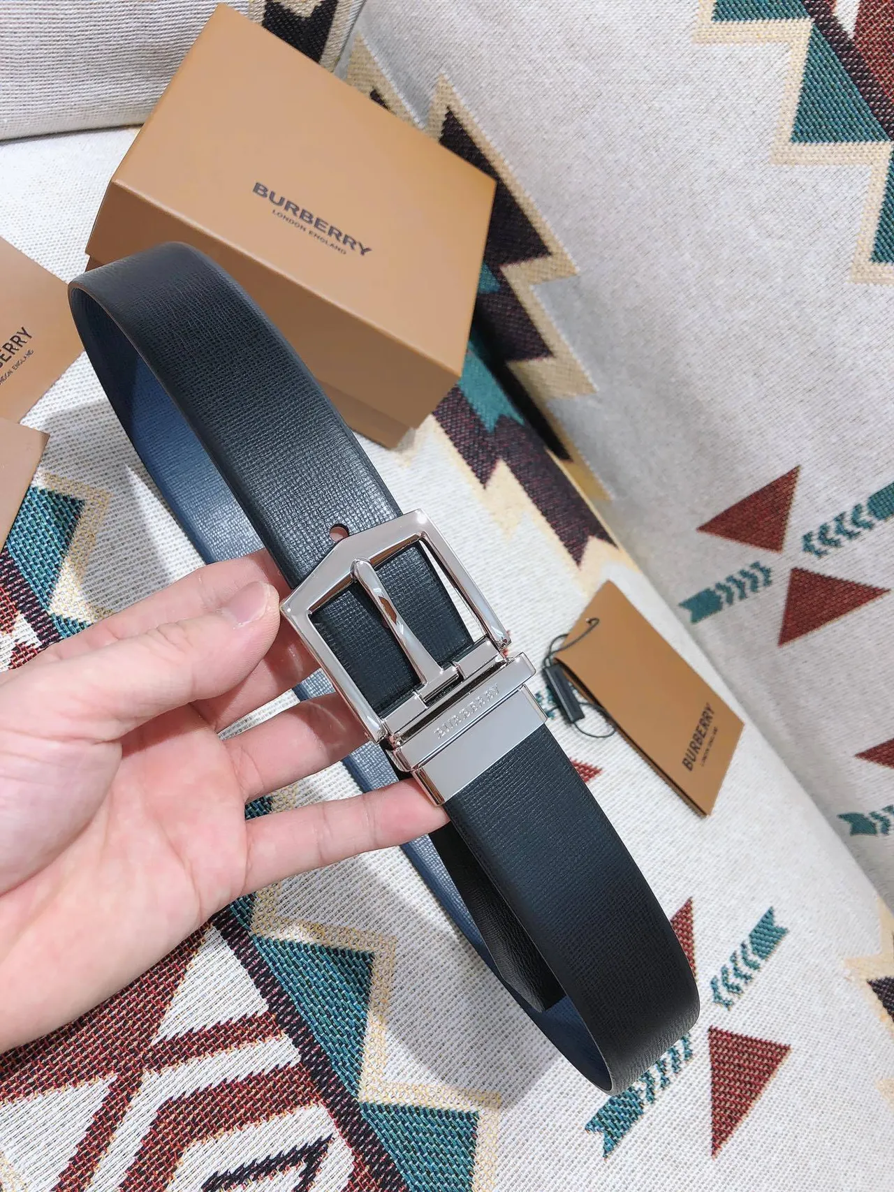 Burberry Black Silver Reversible Buckle Textured Leather Belt 5