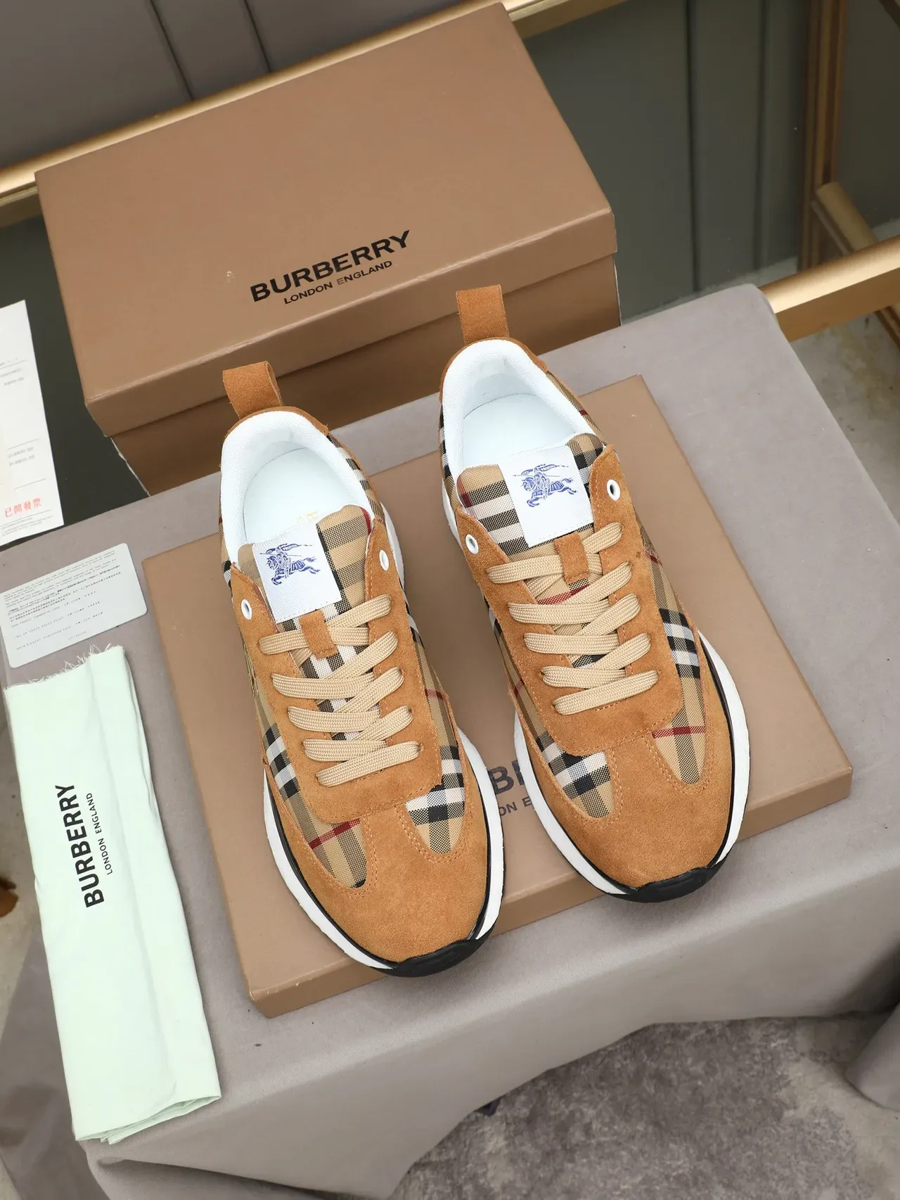 Burberry Brown Beige Suede And Check Fabric Upper Equestrian Knight Embroidery Lifestyle Sneakers 2
