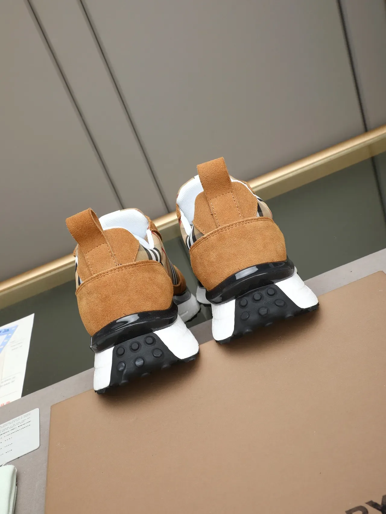 Burberry Brown Beige Suede And Check Fabric Upper Equestrian Knight Embroidery Lifestyle Sneakers 3