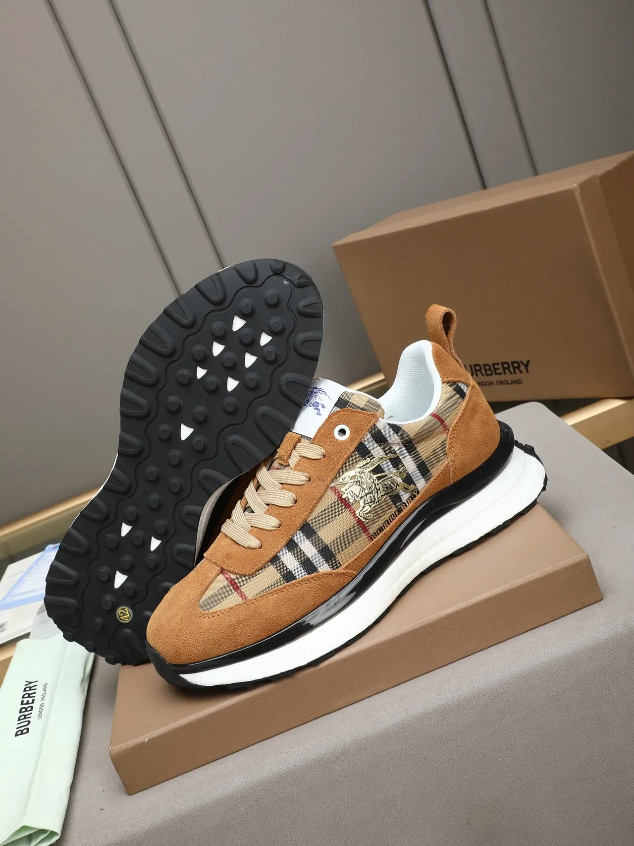 Burberry Brown Beige Suede And Check Fabric Upper Equestrian Knight Embroidery Lifestyle Sneakers 4