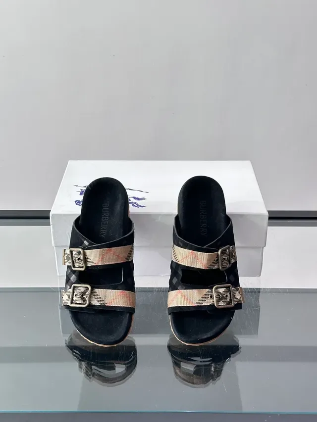 Burberry Knight Sandálias Casuais Preto Bege Dupla Tira Fivela 3