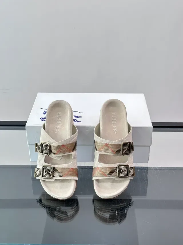 Burberry Knight Sandálias Casuais Preto Bege Dupla Tira Fivela 4
