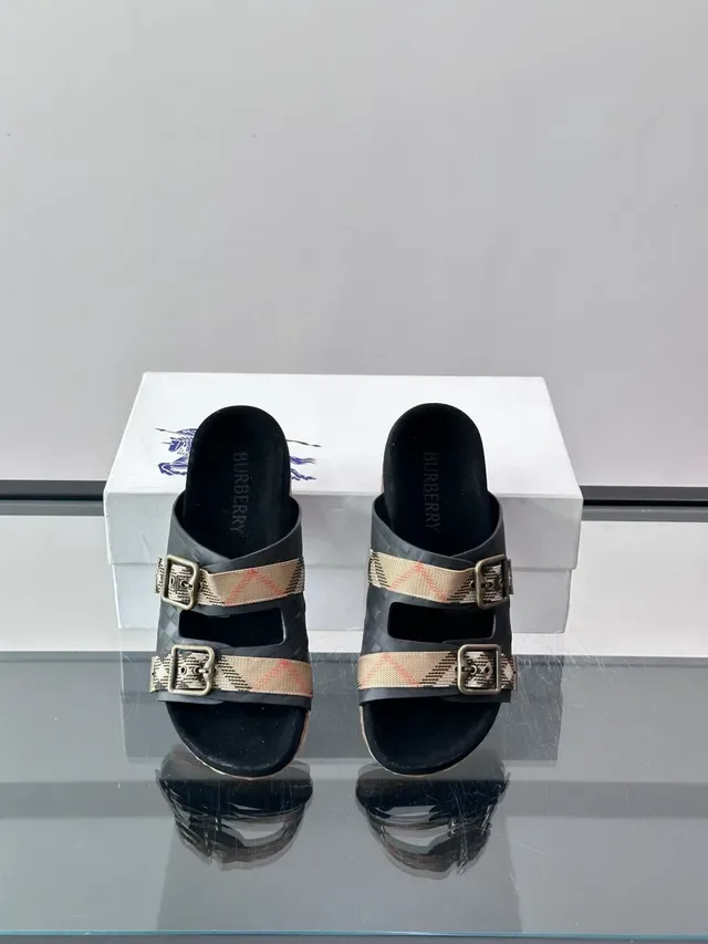 Burberry Knight Sandálias Casuais Preto Bege Dupla Tira Fivela 5