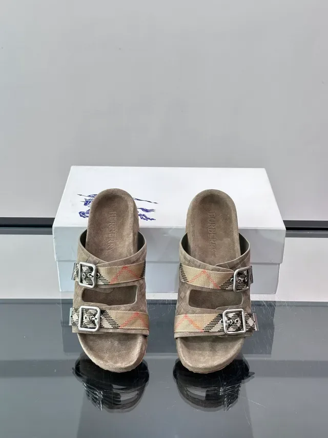 Burberry Knight Sandálias Casuais Preto Bege Dupla Tira Fivela 6