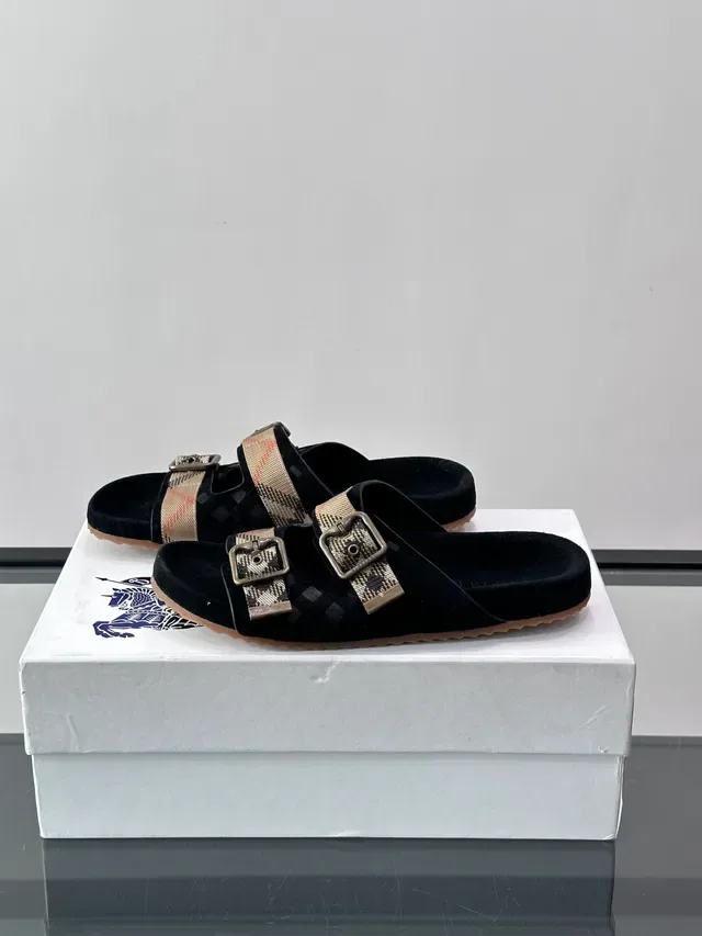Burberry Knight Sandálias Casuais Preto Bege Dupla Tira Fivela 8