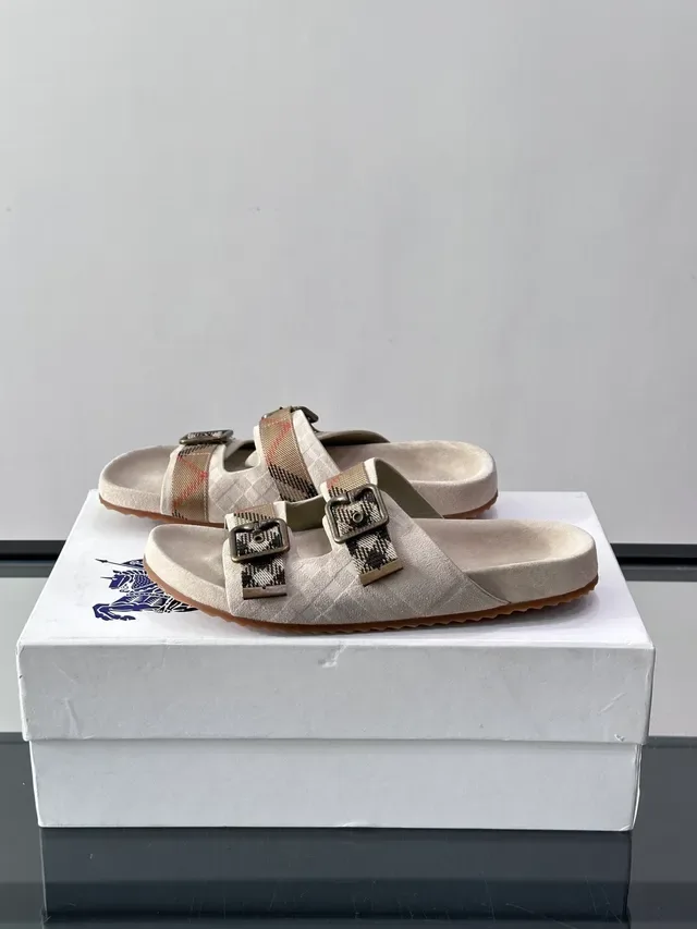 Burberry Knight Sandálias Casuais Preto Bege Dupla Tira Fivela 9