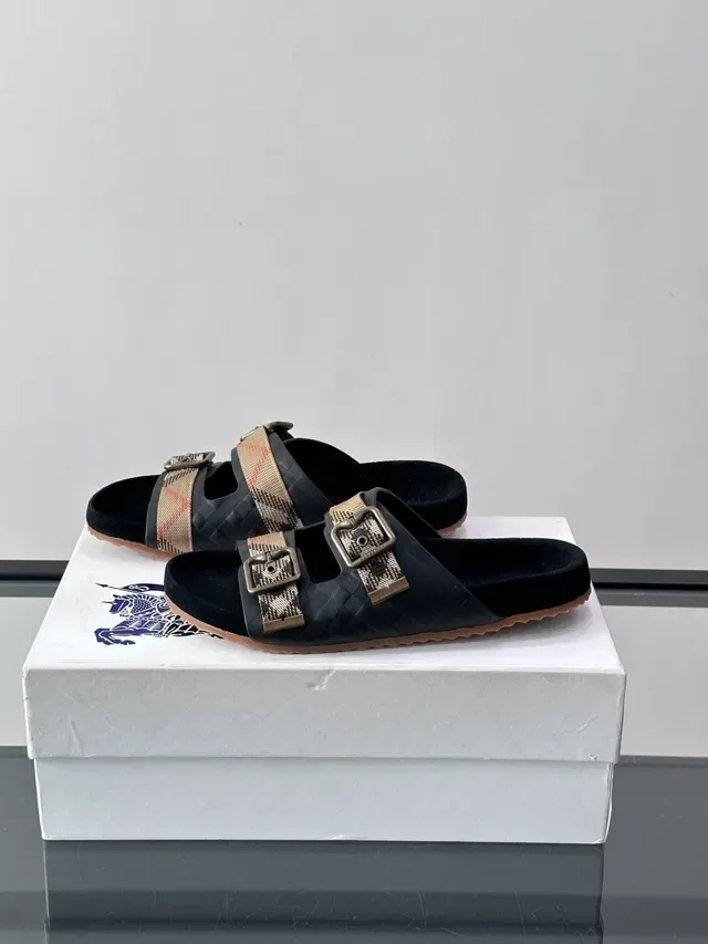 Burberry Knight Sandálias Casuais Preto Bege Dupla Tira Fivela 10