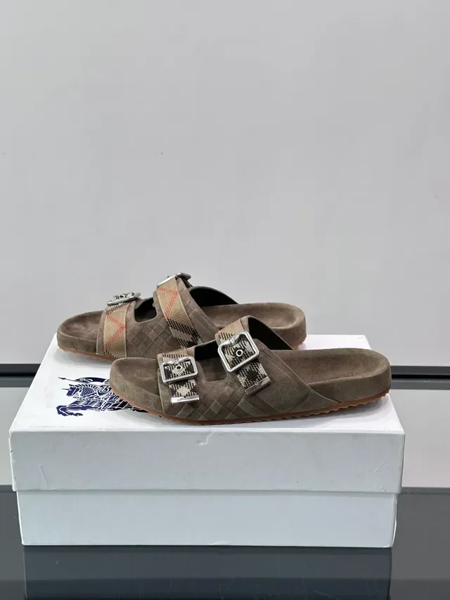 Burberry Knight Sandálias Casuais Preto Bege Dupla Tira Fivela 11