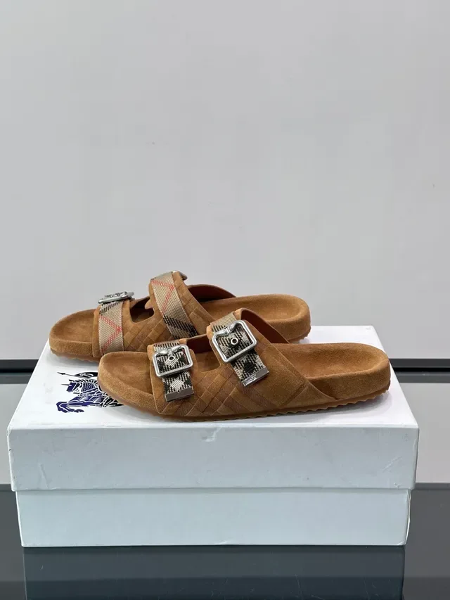 Burberry Knight Sandálias Casuais Preto Bege Dupla Tira Fivela 12