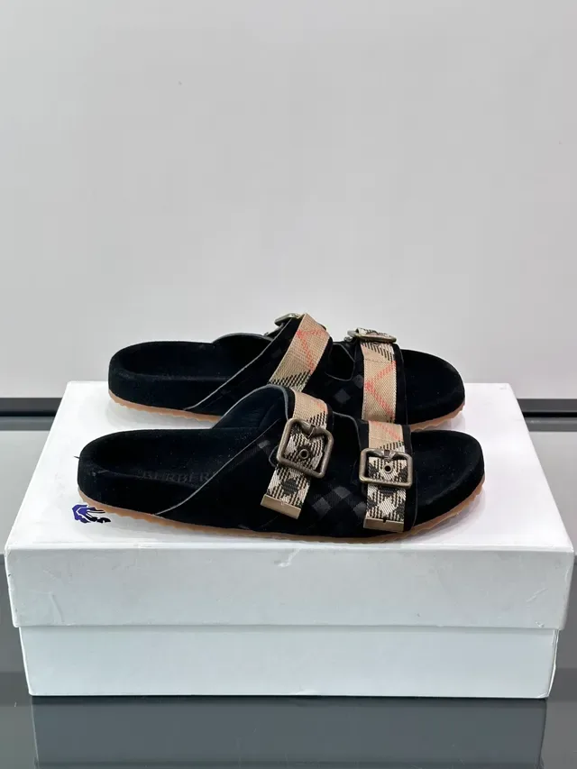 Burberry Knight Sandálias Casuais Preto Bege Dupla Tira Fivela 13