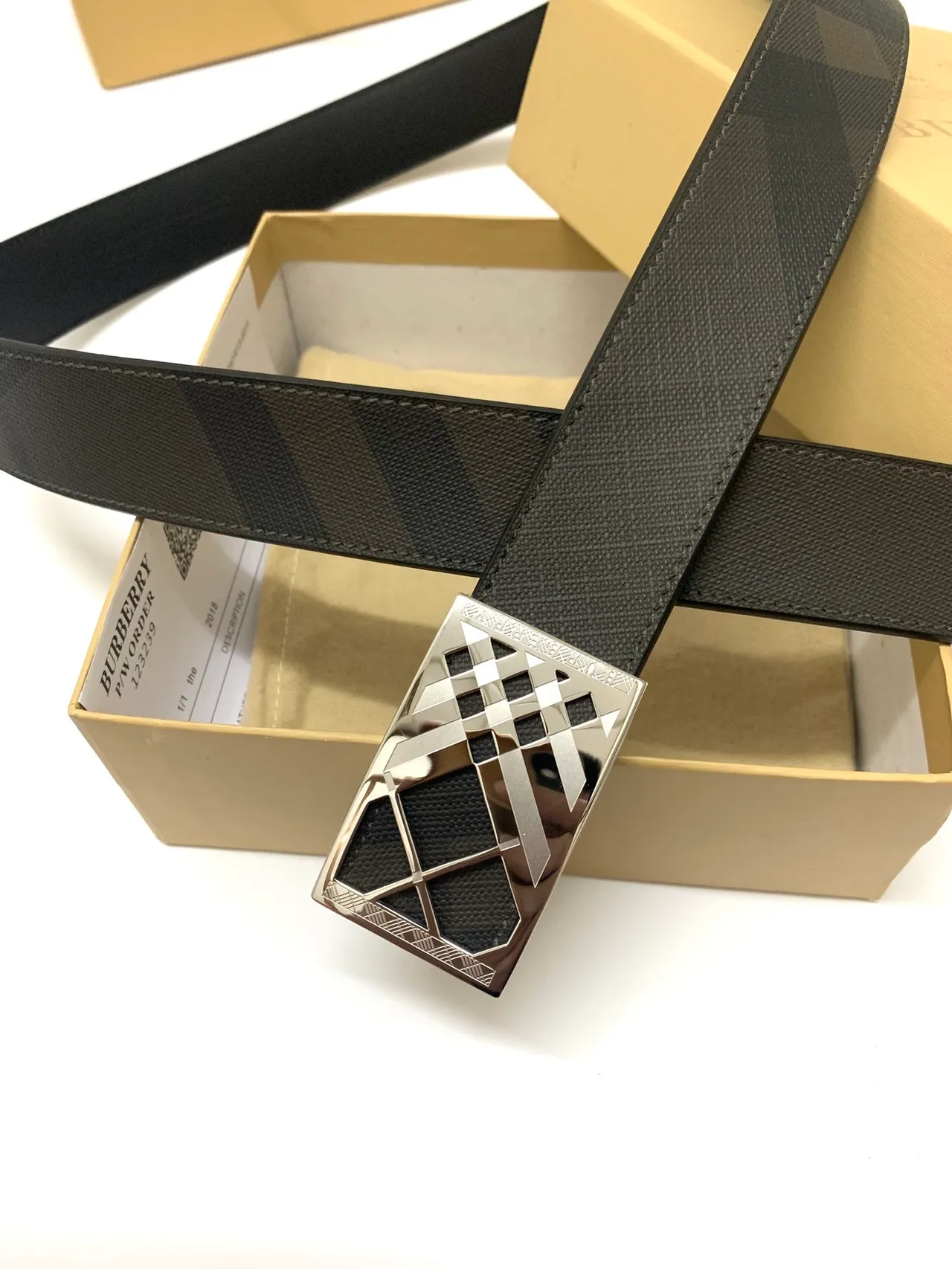 Burberry Knight Check Pattern Black Leather Belt 2