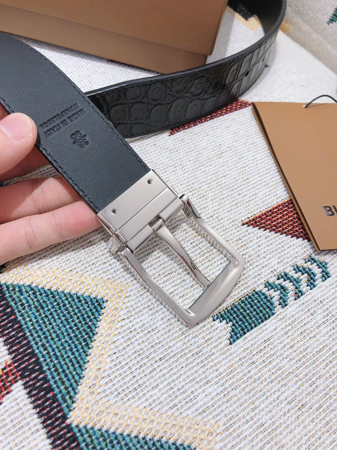 Burberry Knight Reversible Croc-Embossed Black Leather Belt 5