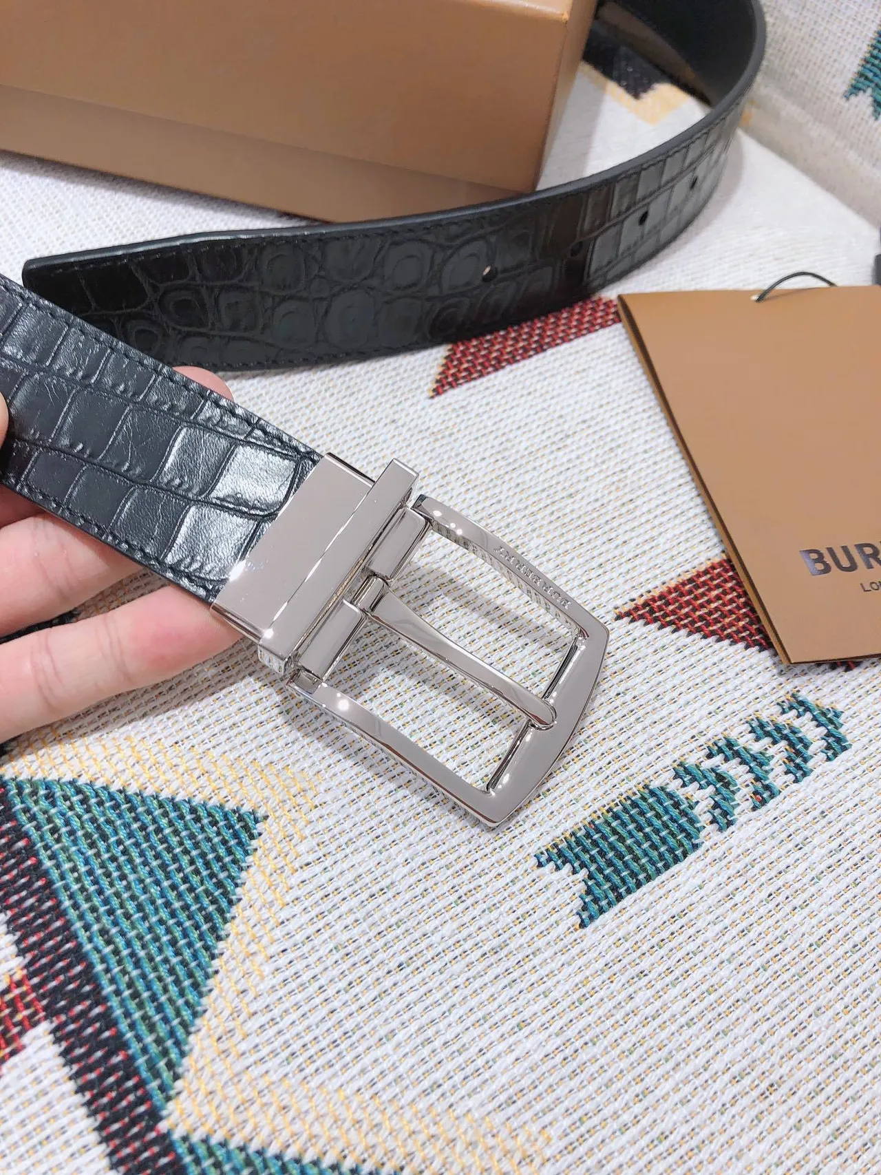 Burberry Knight Reversible Croc-Embossed Black Leather Belt 6