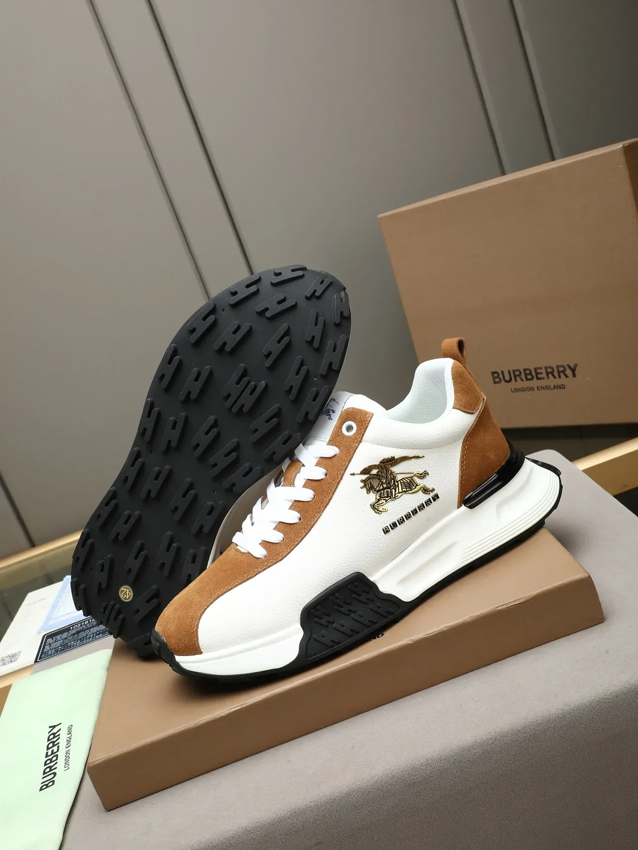 Burberry Knight White and Tan Two-Tone Chunky Sneakers 5
