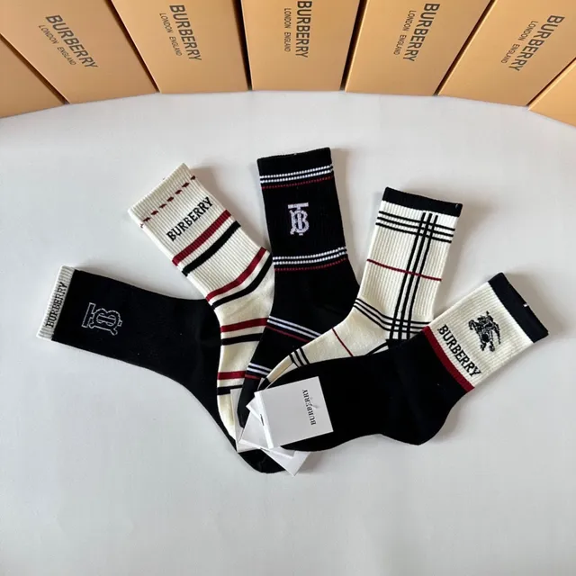 Burberry Logo-Cuffed Striped and Check Pattern Crew Socks 7
