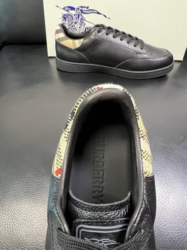 Burberry Lola Black Beige Pebbled Leather Check-Pattern Heel Tab Lifestyle Sneakers 4