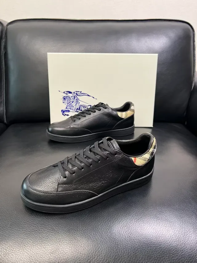 Burberry Lola Black Beige Pebbled Leather Check-Pattern Heel Tab Lifestyle Sneakers 5