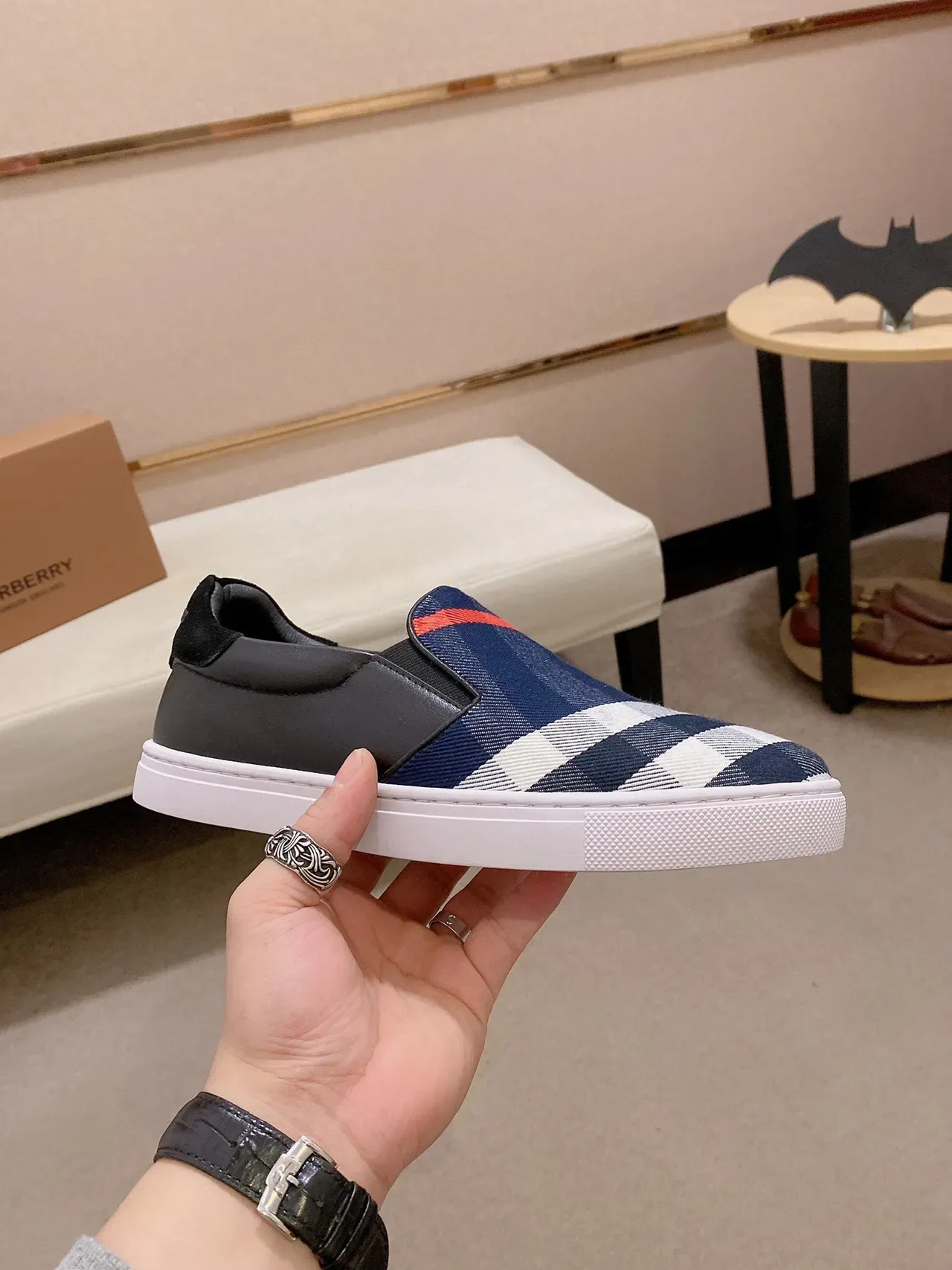 Burberry Navy Black Zapatillas Lifestyle Slip-On con Patrón a Cuadros de Tejido 7