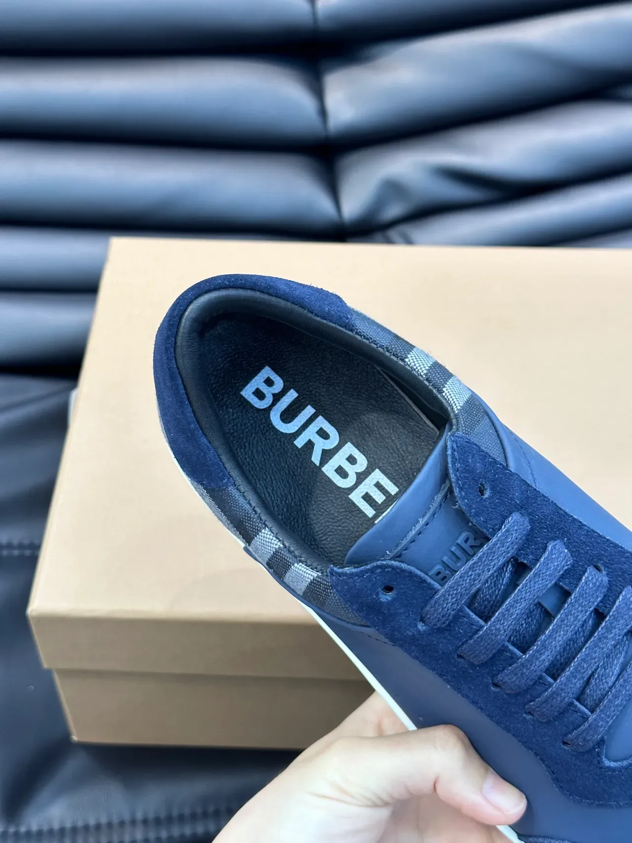 Burberry Navy White Suede And Leather Check-Pattern Heel Panel Lifestyle Sneakers 3