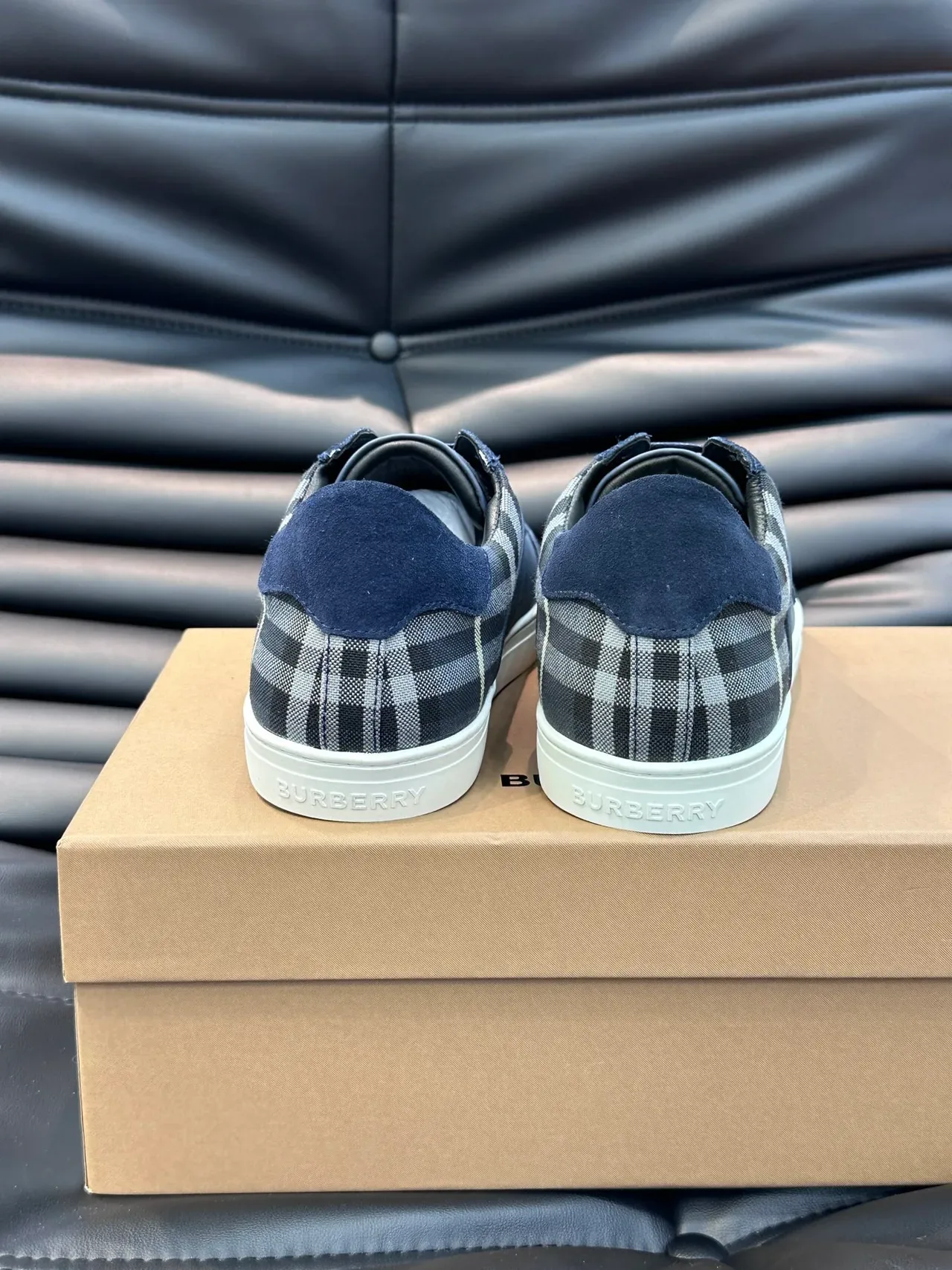 Burberry Navy White Suede And Leather Check-Pattern Heel Panel Lifestyle Sneakers 4