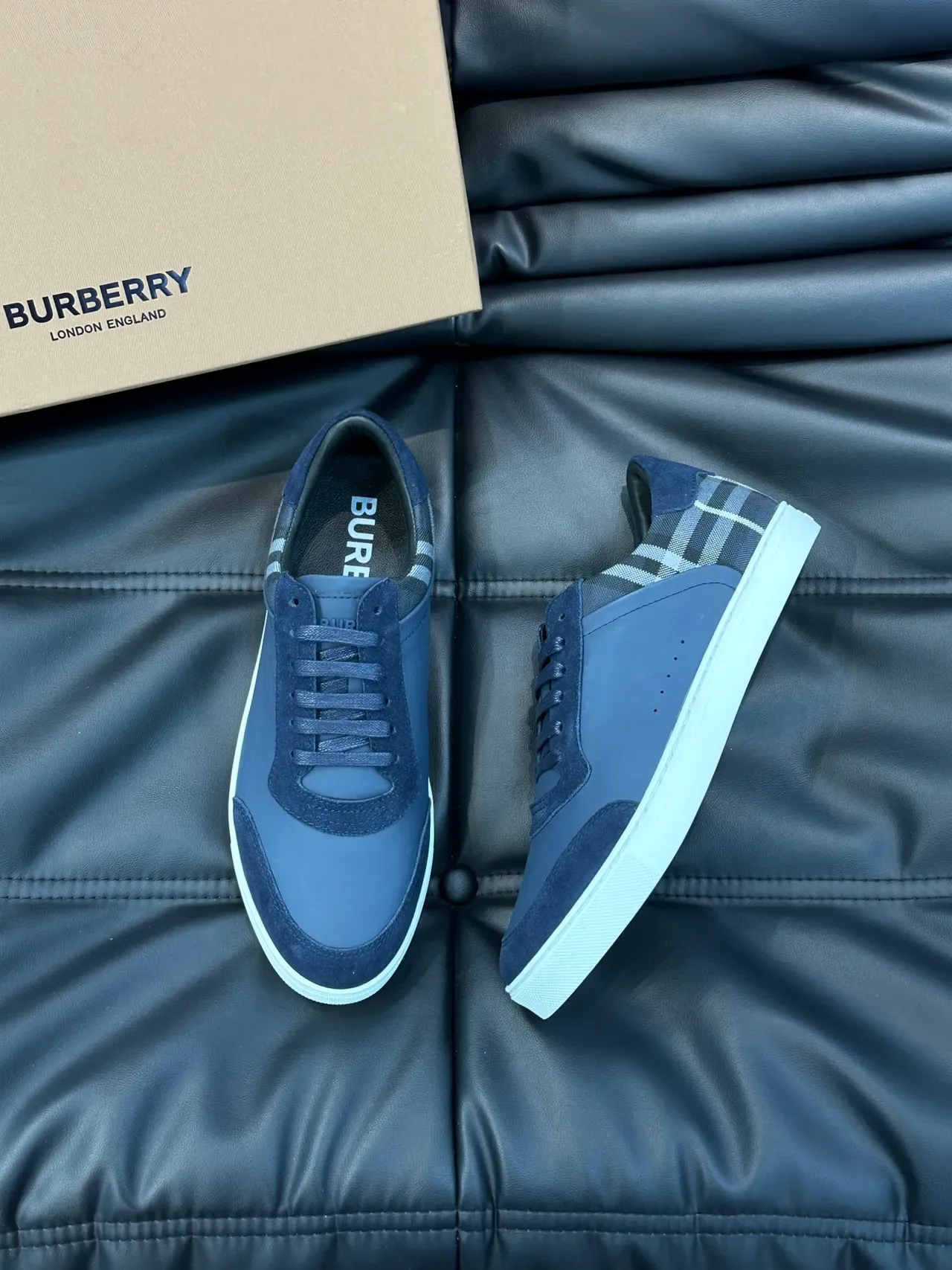 Burberry Navy White Suede And Leather Check-Pattern Heel Panel Lifestyle Sneakers 5