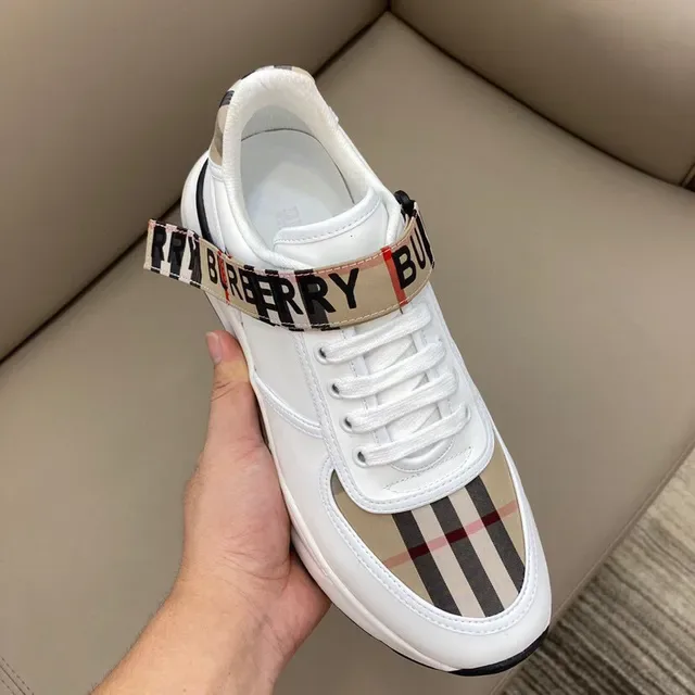 Burberry Chaussures Lifestyle Blancs et Beige Cuir Supérieur Panneau à Carreaux 4