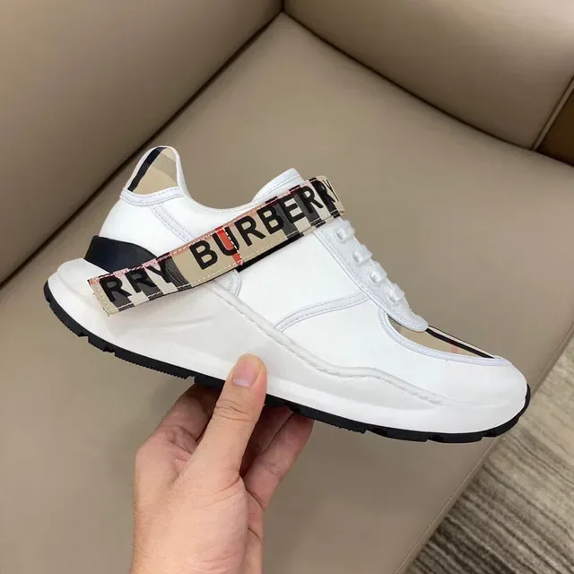 Burberry Chaussures Lifestyle Blancs et Beige Cuir Supérieur Panneau à Carreaux 5