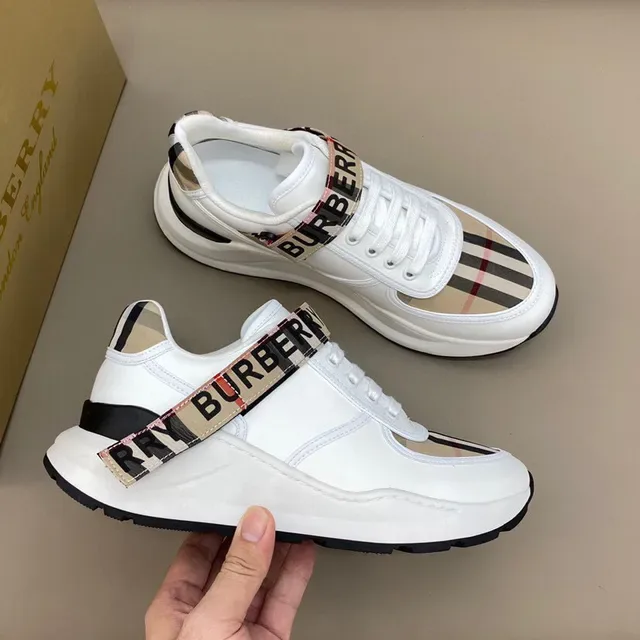 Burberry Chaussures Lifestyle Blancs et Beige Cuir Supérieur Panneau à Carreaux 6