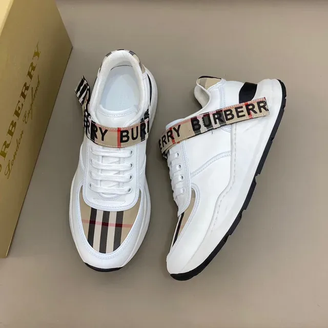 Burberry Chaussures Lifestyle Blancs et Beige Cuir Supérieur Panneau à Carreaux 7