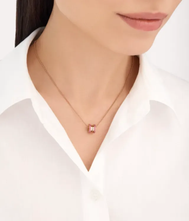 Bvlgari B.zero1 गुलाबी जेमस्टोन सिलिंड्रिकल पेंडेंट नेकलेस 8