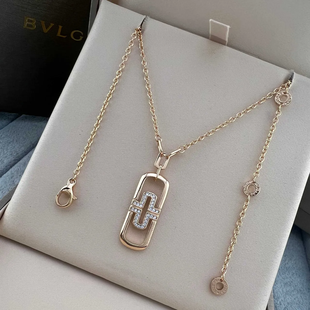 Bvlgari B.zero1 Silver Gold Interlocking Geometric Pendant Pavé-Set Crystals Necklace 3