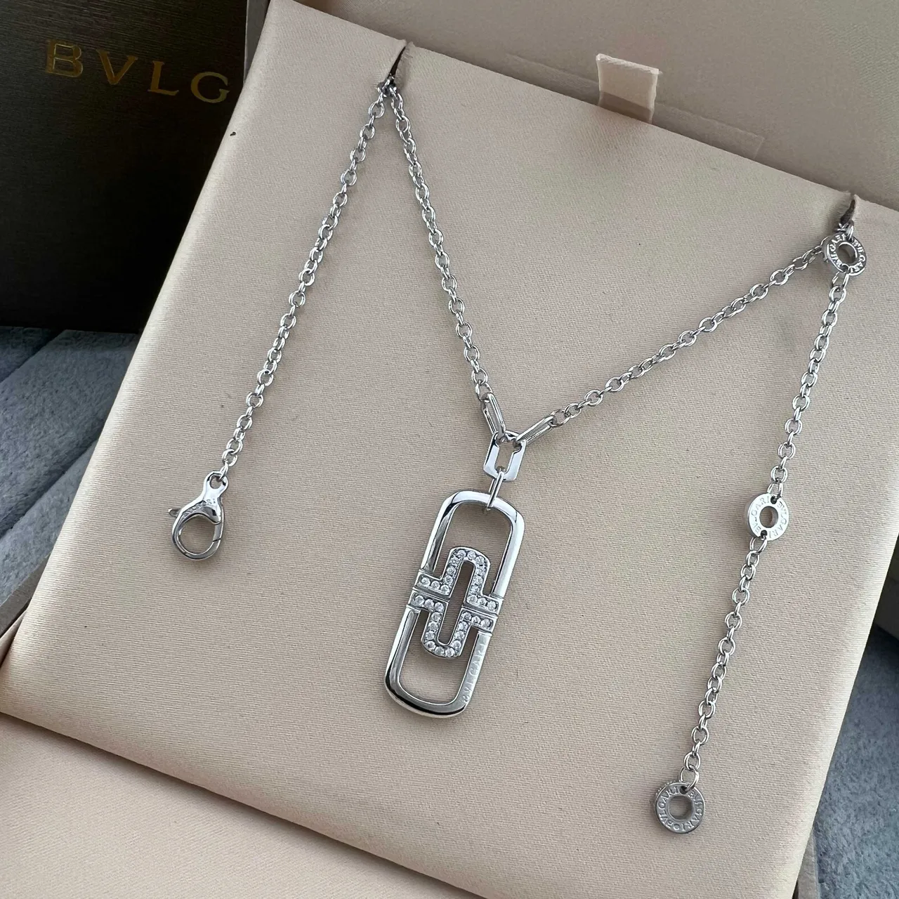Bvlgari B.zero1 Silver Gold Interlocking Geometric Pendant Pavé-Set Crystals Necklace 4