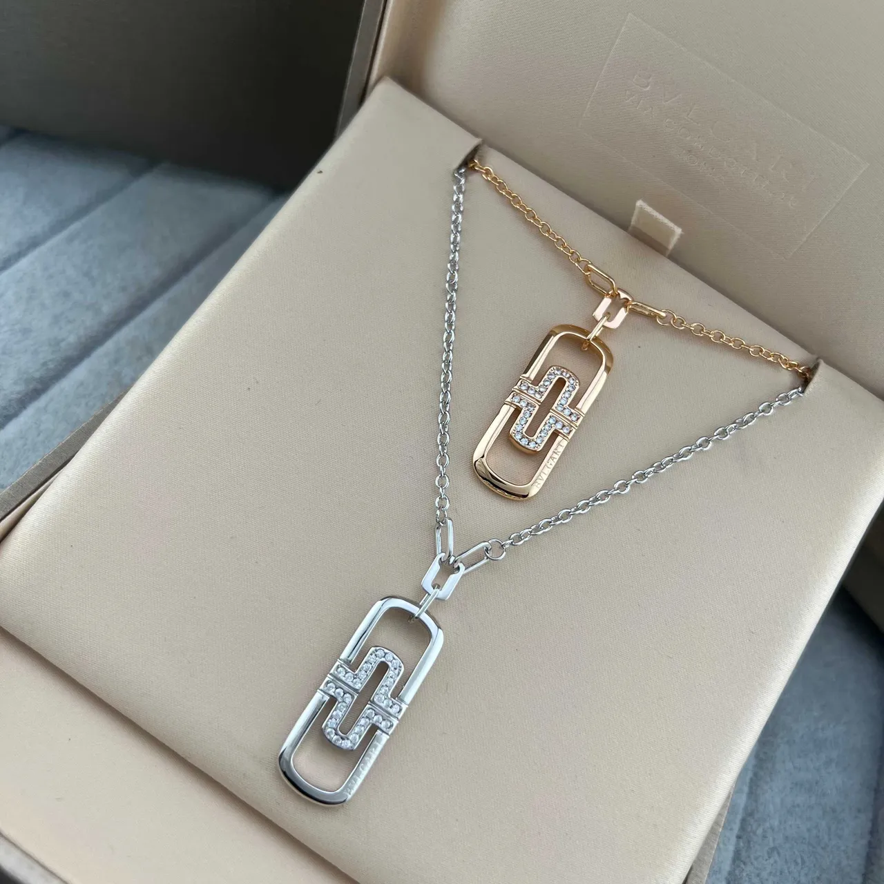 Bvlgari B.zero1 Silver Gold Interlocking Geometric Pendant Pavé-Set Crystals Necklace 5
