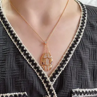 Bvlgari Gold Red Serpentine Pendant Pavé Diamond Scales Necklace