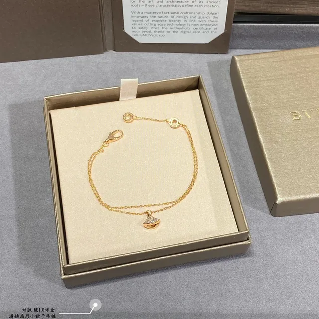 Bvlgari Ouro Prata Dupla Corrente Pavé-Set Pingente Leque Pulseira 2