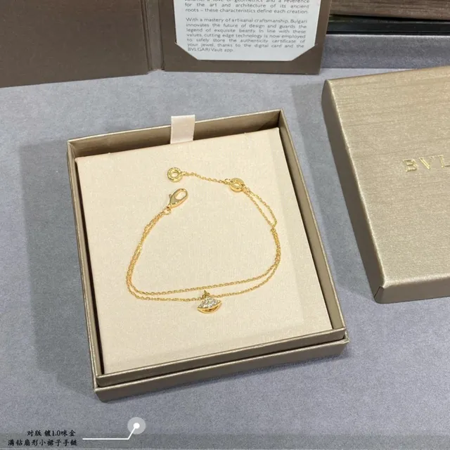 Bvlgari Ouro Prata Dupla Corrente Pavé-Set Pingente Leque Pulseira 4