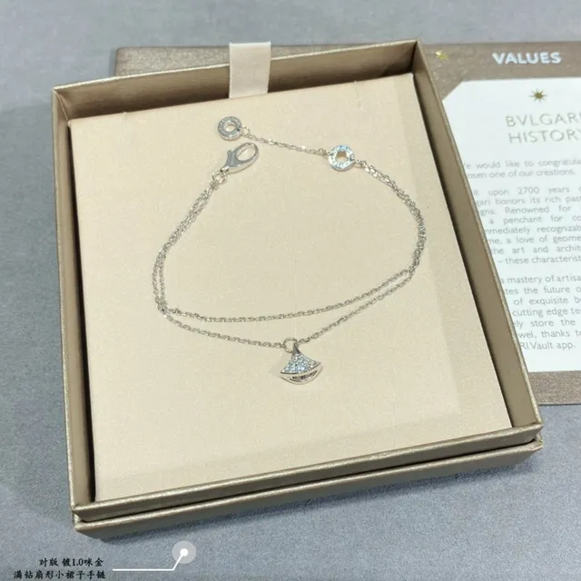 Bvlgari Ouro Prata Dupla Corrente Pavé-Set Pingente Leque Pulseira 7