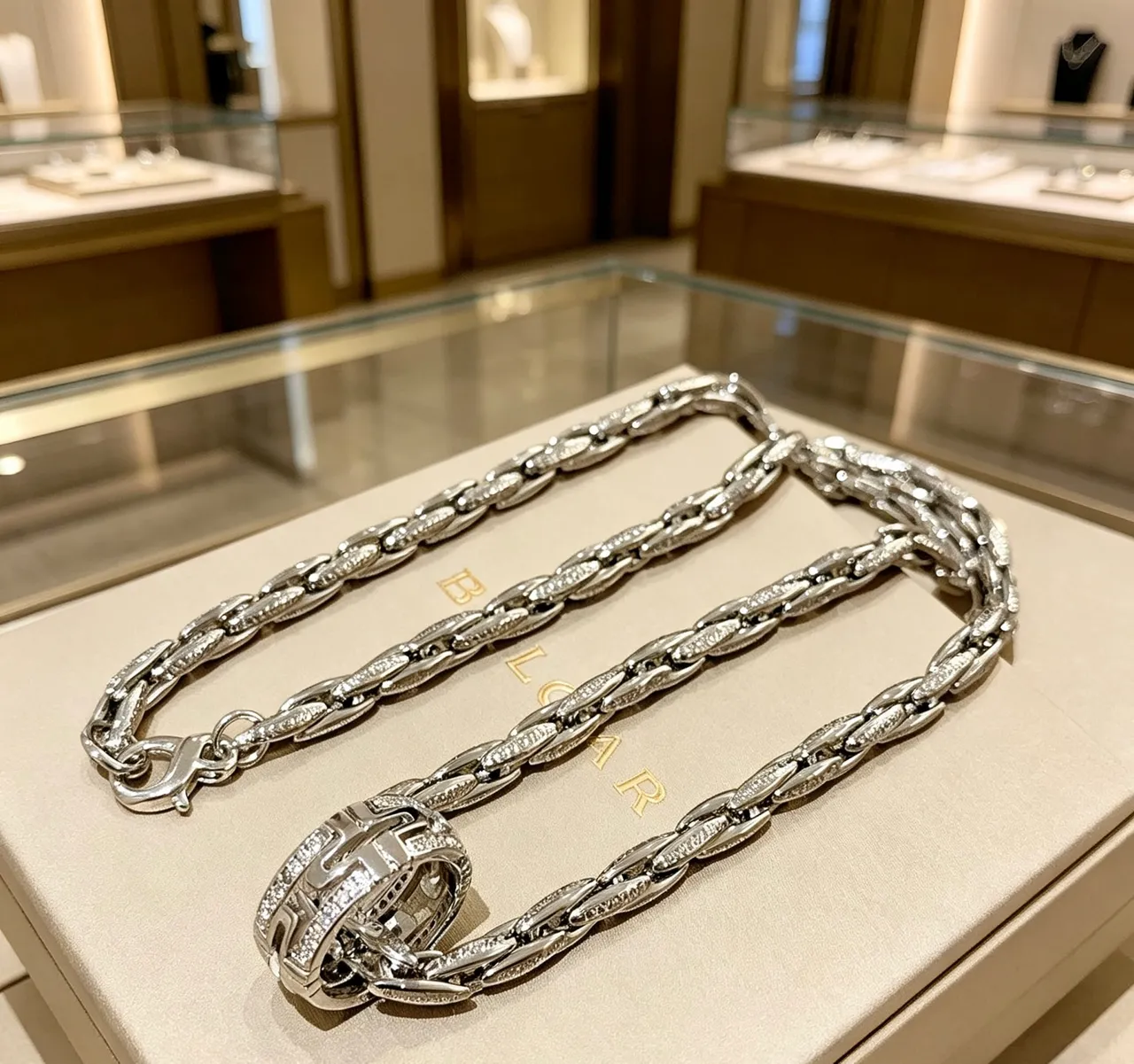 Bvlgari Silver White Twisted-Link Chain Pavé-Set Stones Necklace 6