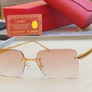 Cartier نظارات شمسية معدنية مستطيلة بدون إطار ذهبية وردية